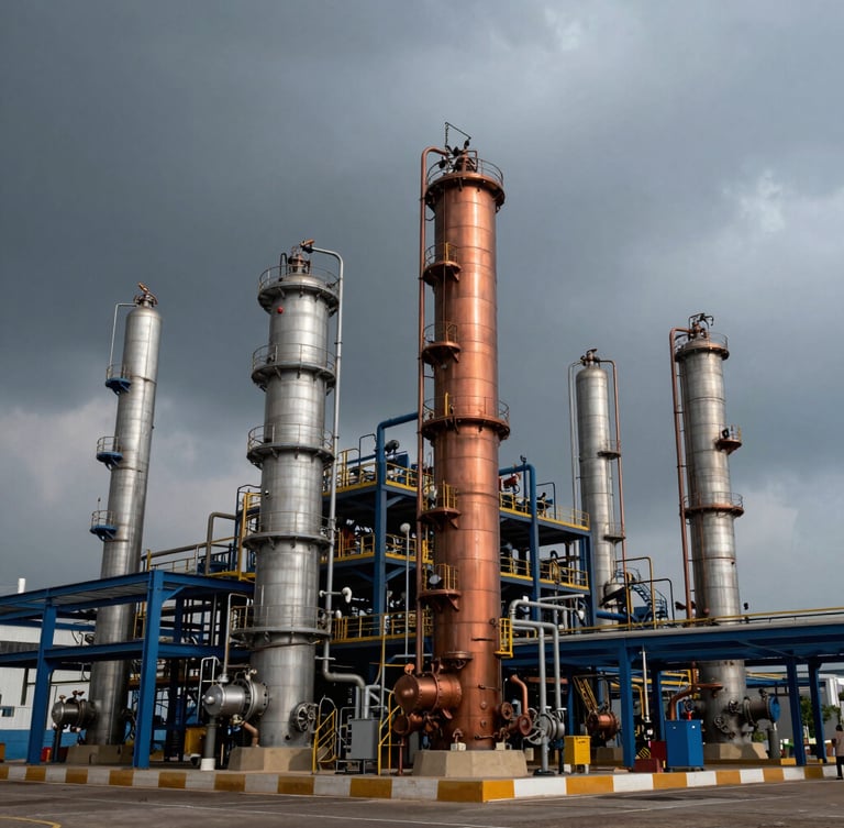 Wide-angle industrial documentary shot of a modern chemical processing plant in Tamil Nadu under dramatic overcast sky, deep slate tones.