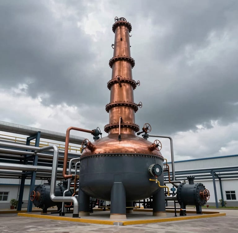 Wide-angle industrial documentary photo of a modern thermochemical pyrolysis reactor with piping, dramatic overcast daylight, deep slate tones