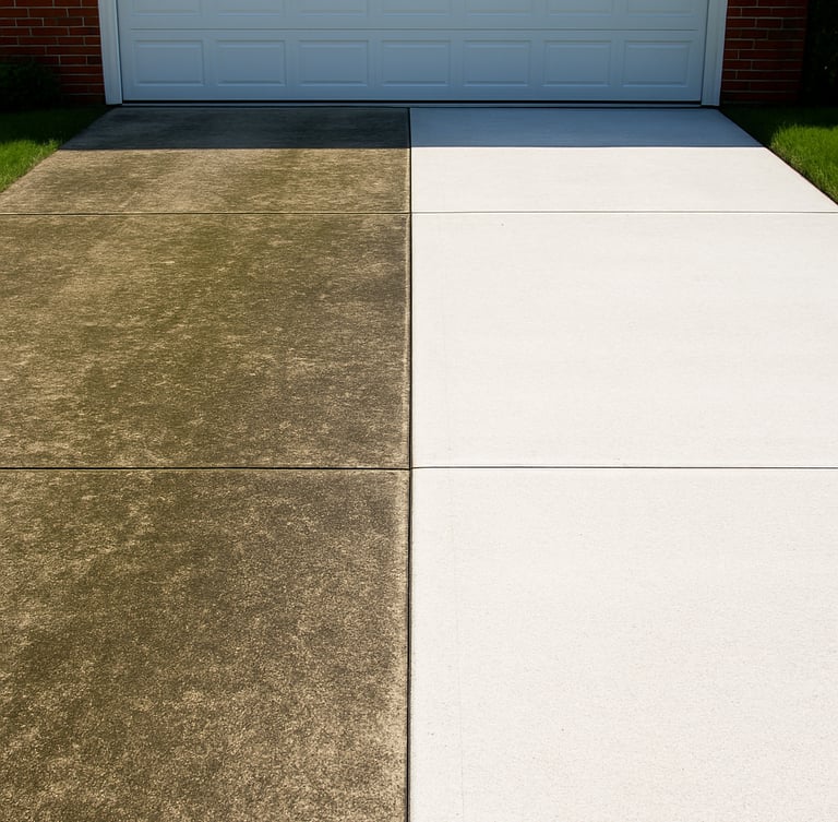 Straight-on wide shot of a concrete driveway, sharp contrast line dividing dark weathered mossy grime on the left from bright pristine white concrete on the right, bright direct midday sunlight.