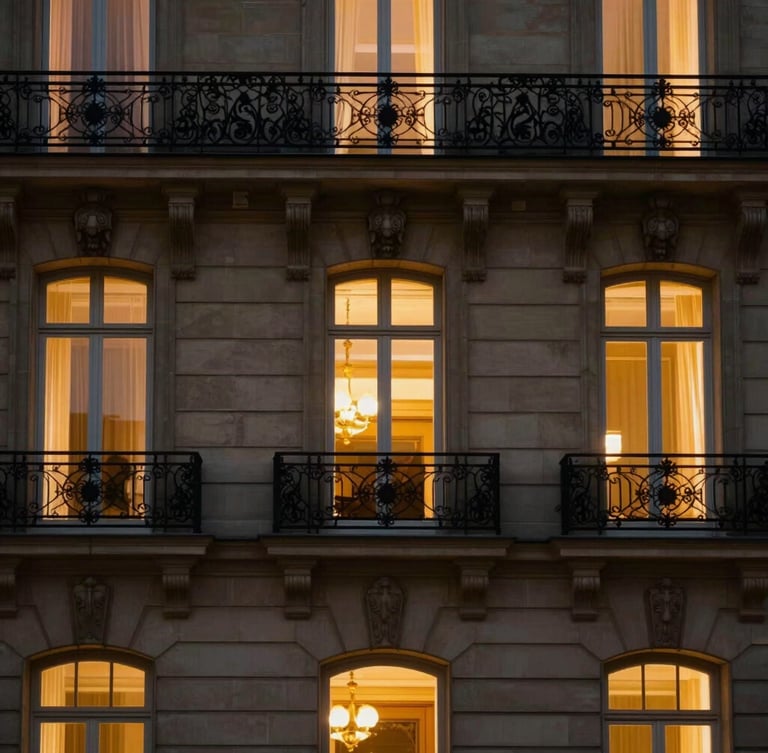 Architectural details of a Parisian luxury hotel facade at dusk, warm glowing window light, limestone textures, dark cinematic luxury photography