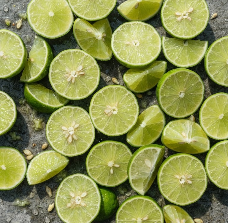 Macro top-down flat-lay of glistening, freshly sliced key limes on a wet stone surface, bright high-key daylight with sharp clean shadows, water droplets, 35mm food photography.