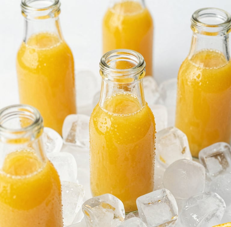 Close-up of vibrant cold-pressed citrus juice in clear glass bottles resting on crushed ice, bright natural daylight, water droplets, crisp food photography.