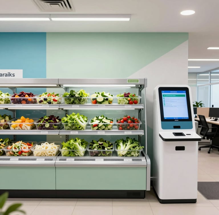 Straight-on eye-level shot of a modern corporate micro-market with fresh salads on open shelves and a self-checkout kiosk, bright office lighting, clean design
