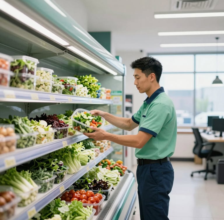 A professional delivery technician in a clean uniform loading fresh salads into a modern chilled micro-market shelf, bright office lighting, natural window glow.