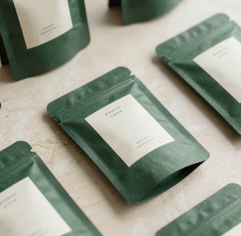 Overhead flat lay of clean, minimalist product packaging on a warm cream marble surface, soft natural window light, deep green accents, shallow depth of field