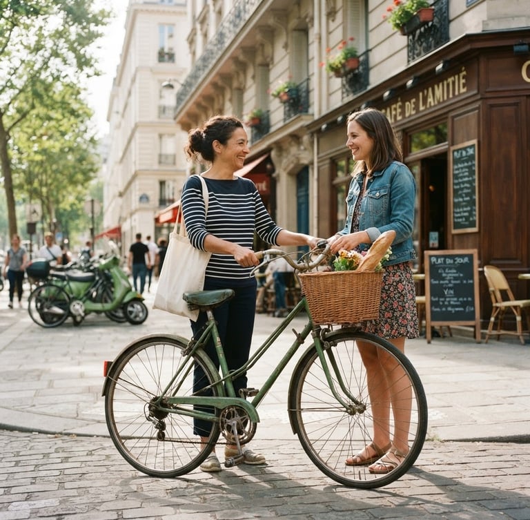 A close-up photograph of a friendly person handing over a vintage bicycle to a neighbor on a sunny Parisian street corner, soft natural daylight, authentic lifestyle photography, 35mm film look.