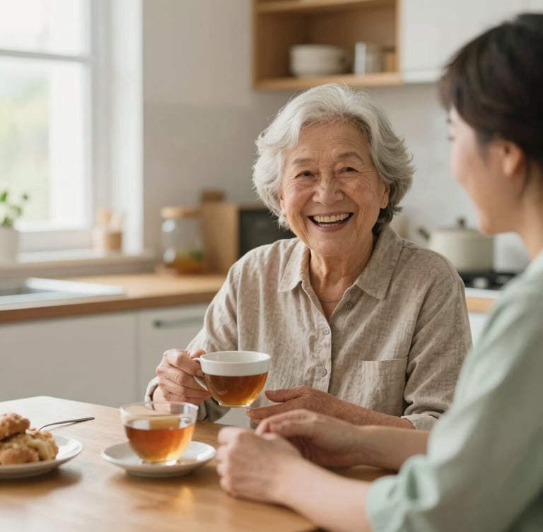 A warm, natural light photograph from an eye-level perspective showing a support worker and an older adult sharing a quiet laugh over tea in a sunlit kitchen, soft sage accents.