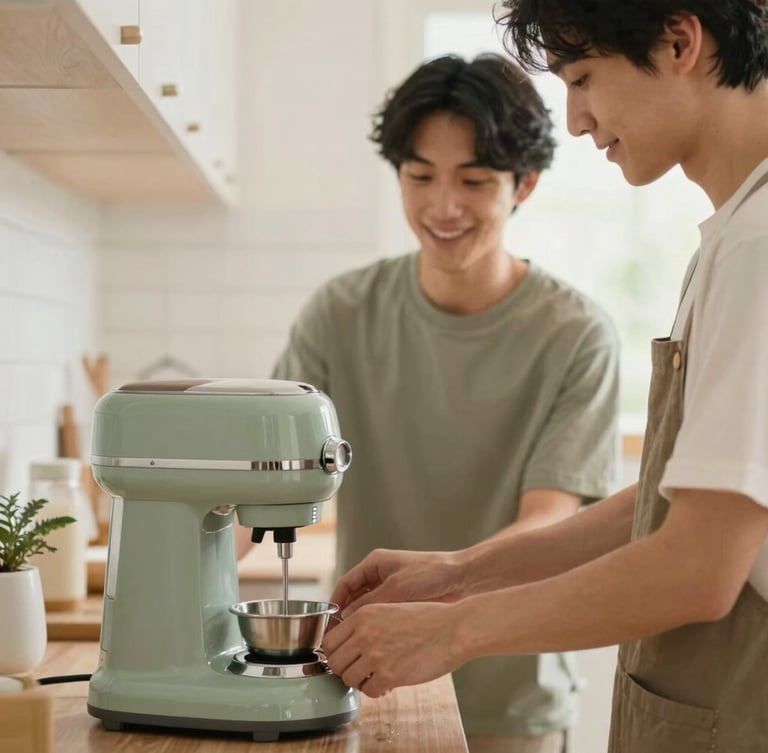 A young adult practicing using a kitchen appliance with a friendly support worker, warm natural light, soft sage tones, 35mm