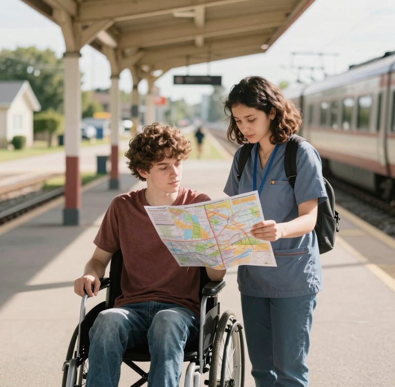 A support worker and a young adult with a physical disability standing together at a sunny suburban train station, looking at a route map, warm natural light, shallow depth of field