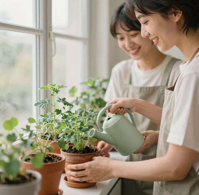 A participant joyfully watering potted herbs on a sunlit domestic balcony, a support worker smiling nearby, soft sage and terracotta tones, natural daylight, shallow depth of field