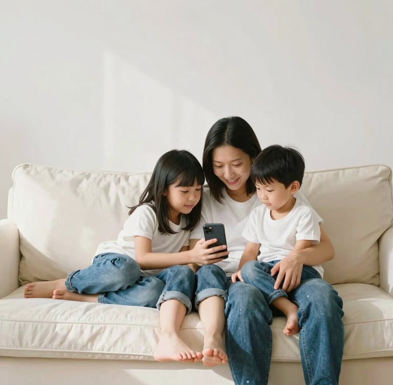 A relaxed family sitting together on a warm cream sofa in bright natural daylight, checking a mobile phone together, soft shadows, 35mm lens