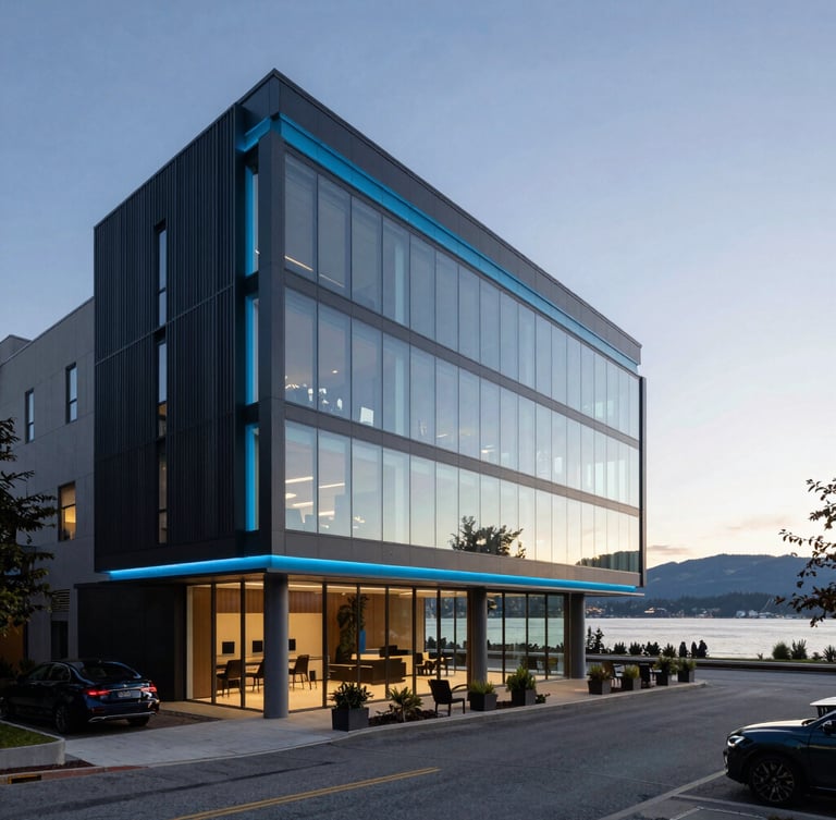 Architectural wide-angle shot of a modern clean West Vancouver corporate office overlooking the water, cool morning light, professional tech aesthetic, 35mm