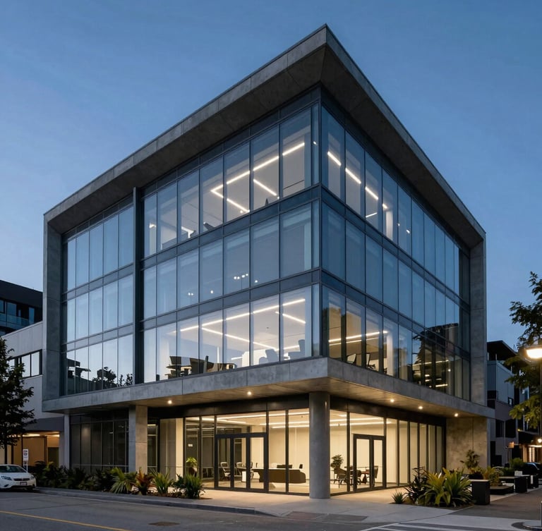 Architectural shot of modern West Vancouver office environment at dusk, cool ambient light, sleek glass and concrete, sharp focus