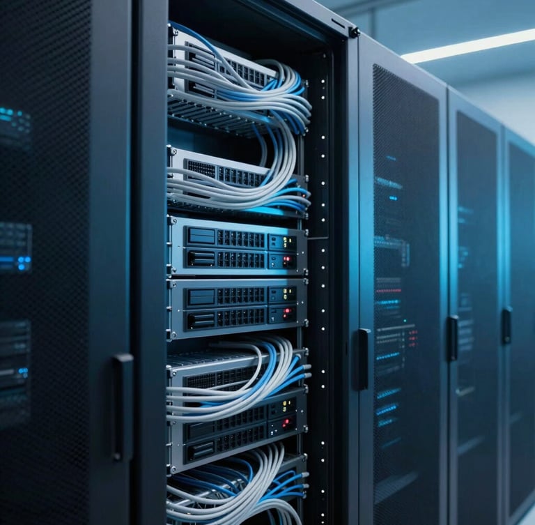 Sleek corporate server room with clean structured cable management, cool ambient LED lighting, deep slate and electric cyan tones, sharp focus, 35mm