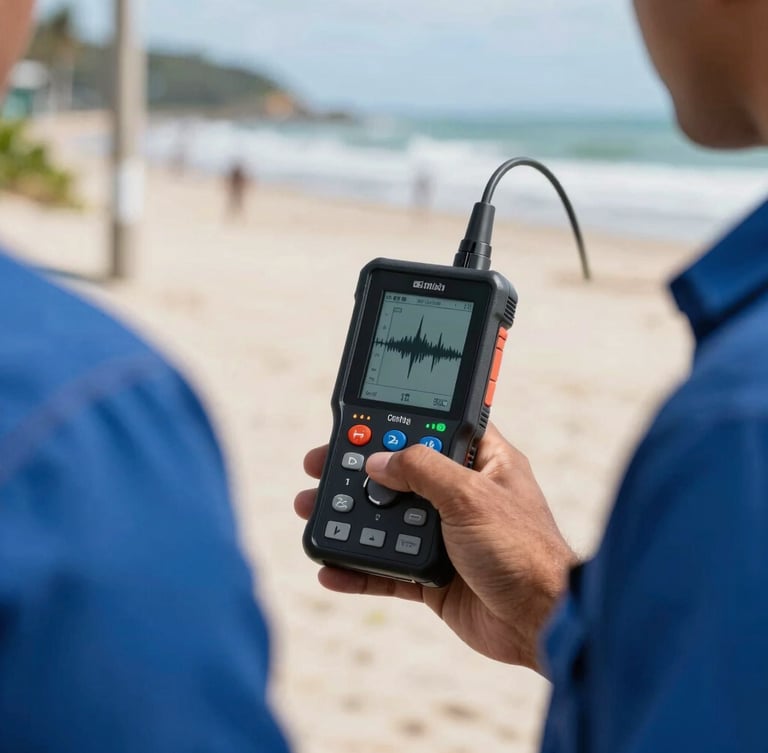 Close-up of a technician's hand holding a digital geofone locator screen showing acoustic wave graphs, sharp focus, bright coastal daylight, professional blue uniform, recognizable sandy street of Itanhaém in soft focus background