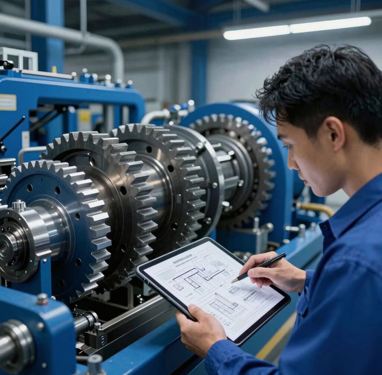 Engineer in clean high-vis gear examining schematics on a tablet, complex machinery in the background, crisp industrial lighting, deep blue tones, focus on technical precision.