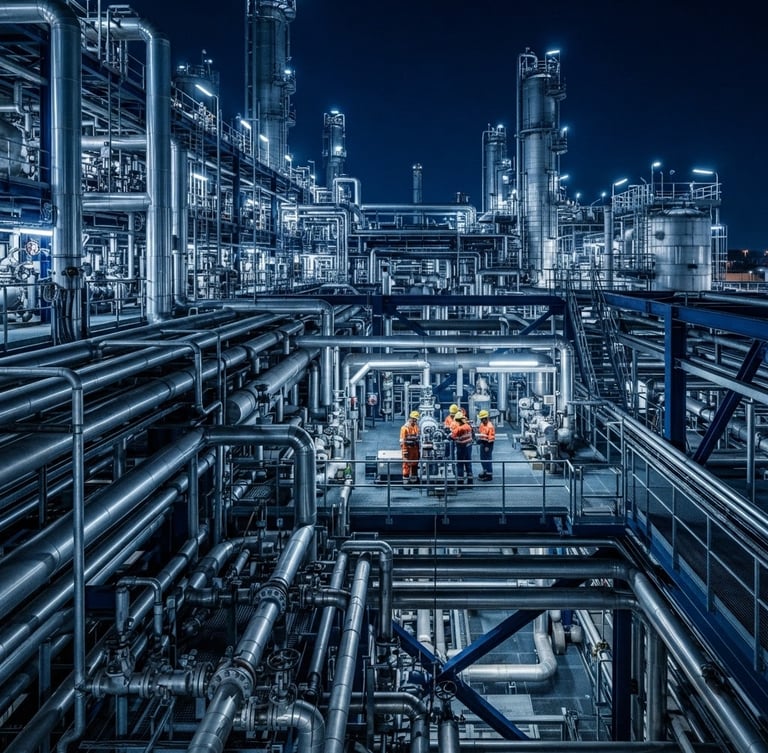 Wide-angle shot of a massive industrial facility's complex piping system, sharp architectural lighting, deep blue and metallic tones, engineers in high-vis gear visible in the background.