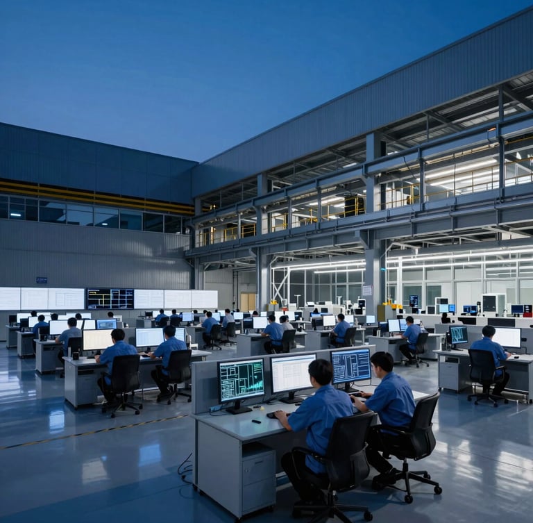 Wide-angle shot of a modern industrial operations center at twilight, deep blue and metallic tones, crisp details, engineers at workstations in foreground, large monitors displaying schematics in background, high-contrast architectural lighting.