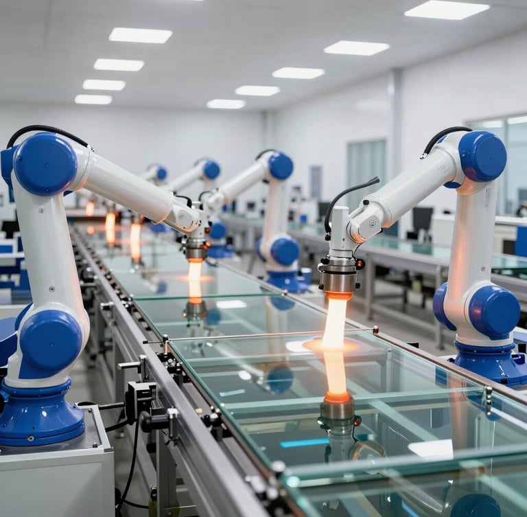 Wide panoramic view of a clean, automated glass manufacturing line in Fengyang, glowing molten glass shaped by robotic arms under bright industrial lighting.
