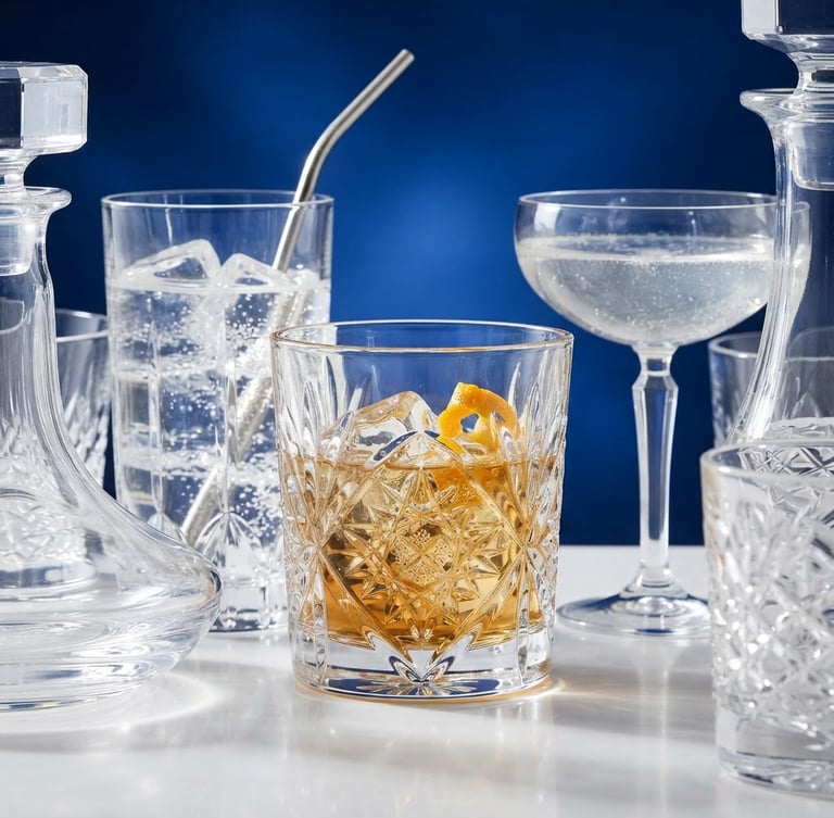 Crisp glassware catching light, bright high-key studio lighting, clean glass refractions, royal blue background accents, sharp focus, portrait aspect.