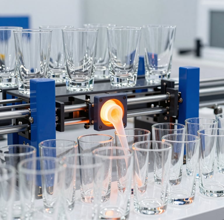 A portrait shot of an automated glassware production line with glowing molten glass being molded into clear tumblers, clean industrial environment, bright high-key lighting
