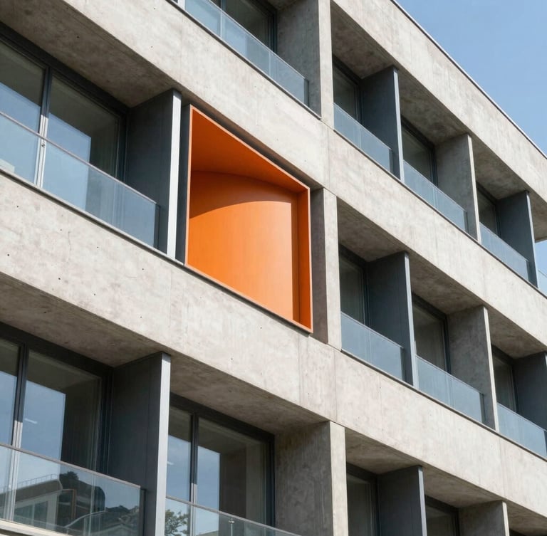 Low-angle architectural shot of a modern concrete and steel office facade, harsh direct sunlight, crisp shadows, minimalist composition, 35mm lens