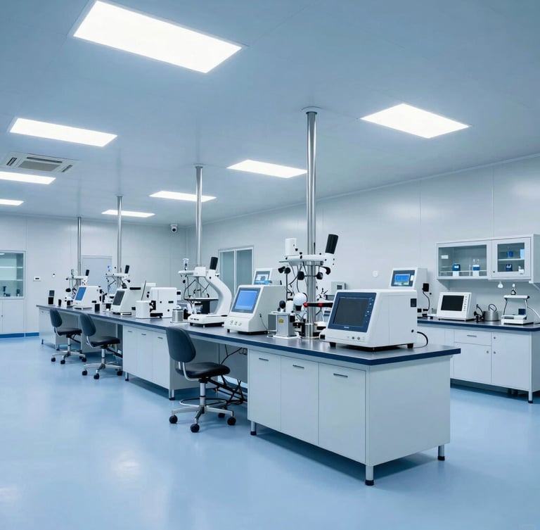 Wide architectural shot of a modern clean pharmaceutical facility with cool blue ambient lighting, clinical precision, 35mm