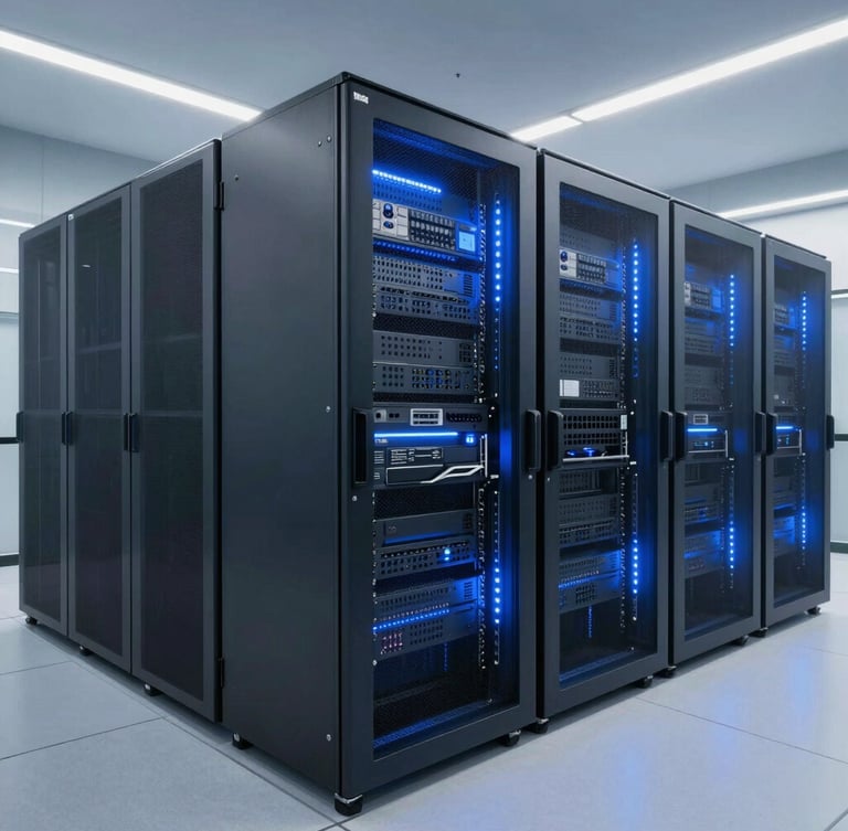 A clean, modern enterprise server room with cool blue ambient LED lighting, architectural perspective, editorial photography, 35mm