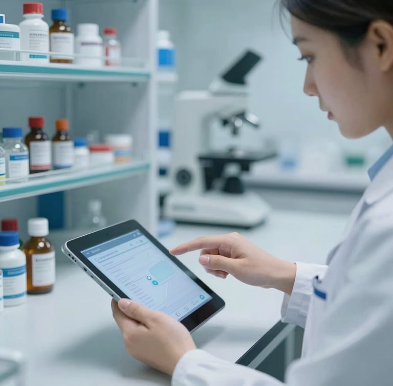 Medium close-up of a professional technician in a clean, modern pharmaceutical laboratory interacting with a tablet interface, cool daylight, 35mm
