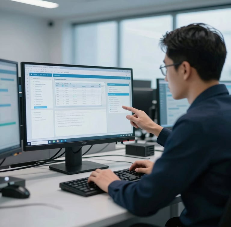 Medium shot of technical professional analyzing data interfaces on a clean monitor in a modern control room, cool daylight, 35mm