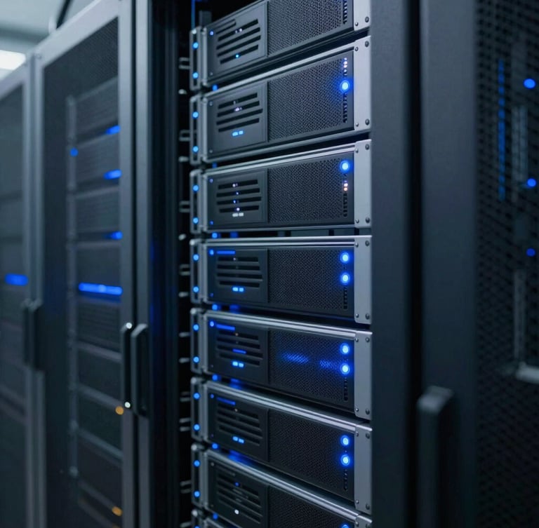 Close-up of enterprise server rack with blue ambient diagnostic lights, cool technical environment, 35mm