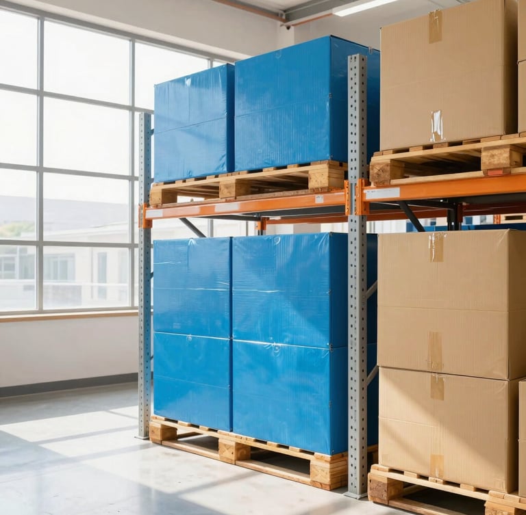 Bright clean modern warehouse interior with organized product pallets on tall shelves, daylight streaming from high windows
