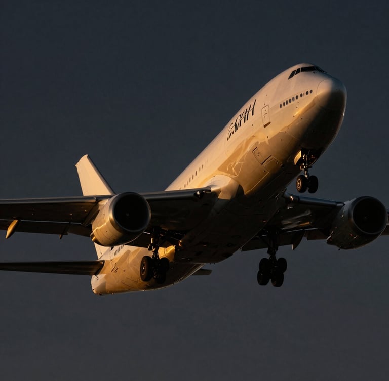 A majestic close-up of a sleek cargo aircraft climbing into a deep twilight sky, its wings catching the last golden rays of sun, dramatic chiaroscuro lighting, ultra-luxury editorial style.