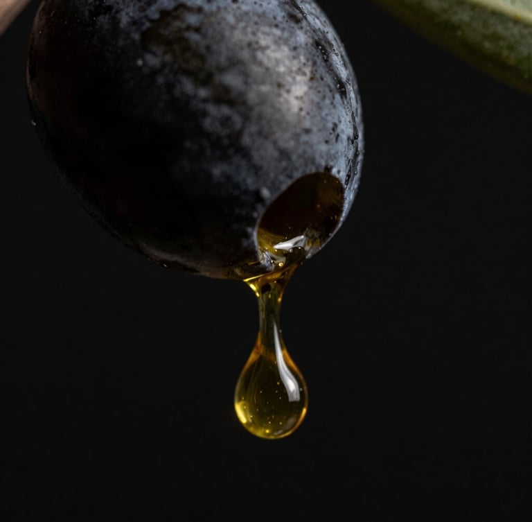 Macro shot of a single golden olive oil droplet falling from a black olive, dramatic chiaroscuro lighting, deep black background, ultra-high-detail 8k