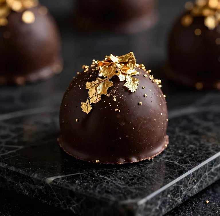 Macro close-up of a luxurious chocolate truffle dusted with edible gold leaf, resting on a polished black marble slab, dramatic side lighting, 8k render.