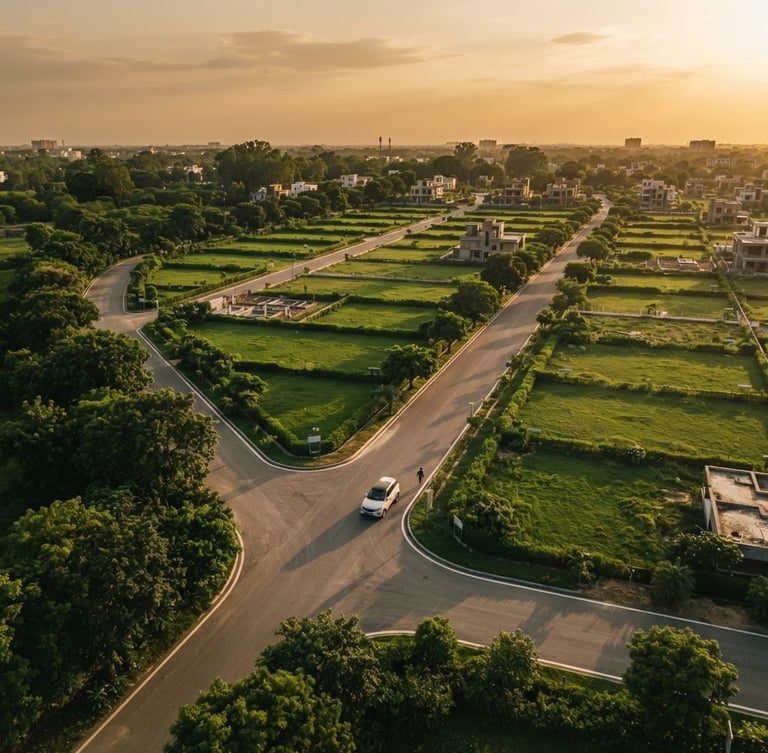 Low-angle drone shot of neatly demarcated, lush green residential plots in Lucknow, golden-hour sunlight casting long shadows, mature trees bordering wide paved internal roads, 35mm warm editorial real-estate photography