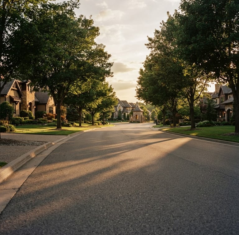 Low-angle ground shot of a wide paved internal road in a luxury township, mature green trees lining the sides, warm golden-hour sunlight casting long elegant shadows, 35mm editorial real-estate photography