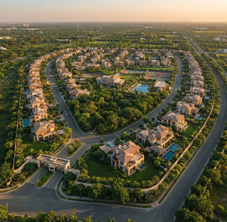 Overhead drone photography of a neatly demarcated luxury gated community in Lucknow, golden-hour light casting long shadows on lush green lawns and wide paved roads, 35mm
