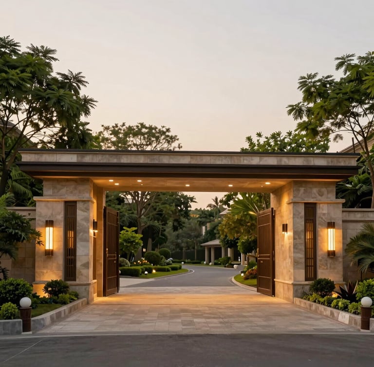 A high-end modern residential estate entrance gate in Lucknow, featuring elegant stone masonry, lush landscaping, and warm golden hour lighting, 35mm editorial photography