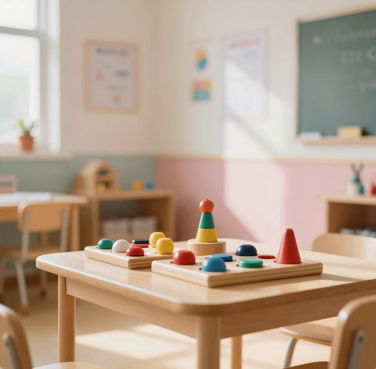 A warm, sunlit special education classroom with soft pastel walls, wooden sensory toys on a low table, natural daylight streaming in, shallow depth of field, 35mm lens.