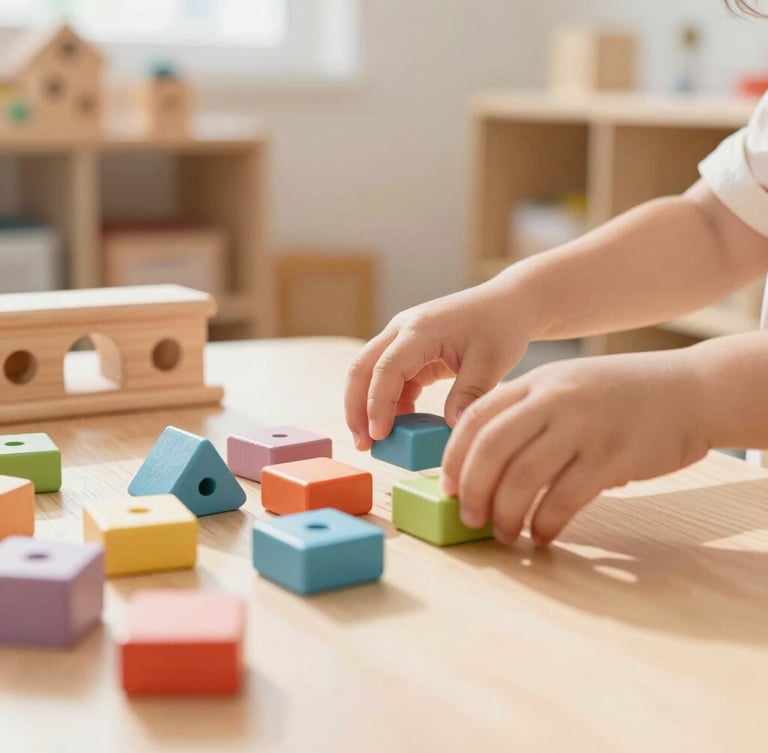 A bright sunlit classroom with natural wood toys, a child's hands gently arranging colorful blocks under soft daylight, shallow depth of field, warm editorial style.