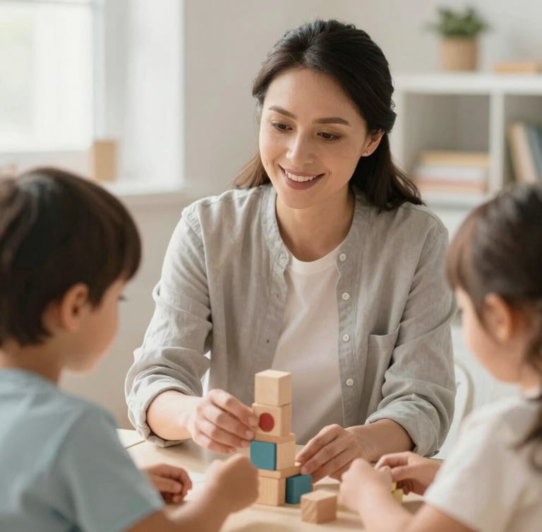 A warm editorial portrait of a gentle female educator smiling, sitting at eye-level with a child playing with wooden developmental blocks, sunlit room, shallow depth of field.