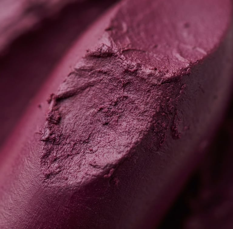 Macro studio shot of rich, velvety plum-colored lipstick cream texture, high-key lighting, soft shadows, professional editorial depth of field.