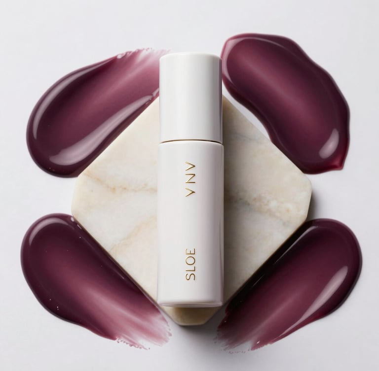 A sleek, minimalist cosmetic bottle with gold embossing, placed on a soft cream marble slab, surrounded by rich plum liquid swatches, bright studio light, sharp focus.
