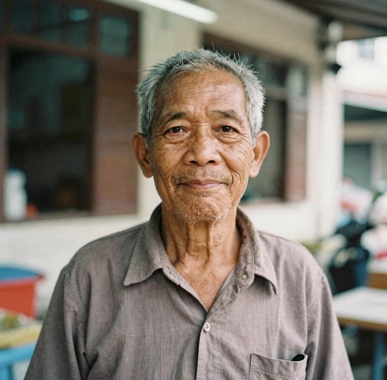 Intimate portrait of an elderly Malaysian street vendor with warm weathered features, standing in a soft-lit heritage shoplot in Penang, documentary film photography, 35mm, shallow depth of field