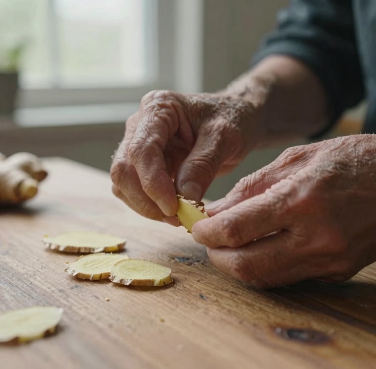 Close-up of wrinkled hands gently peeling ginger on a rustic wooden table, soft overcast outdoor light, warm muted tones, shallow depth of field, documentary film style