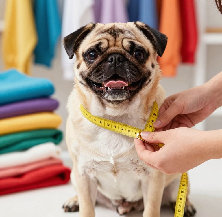 Close-up of artisan hands carefully measuring a happy pug's chest with a yellow measuring tape in a sunlit workshop, colorful fabrics in the background, sharp focus