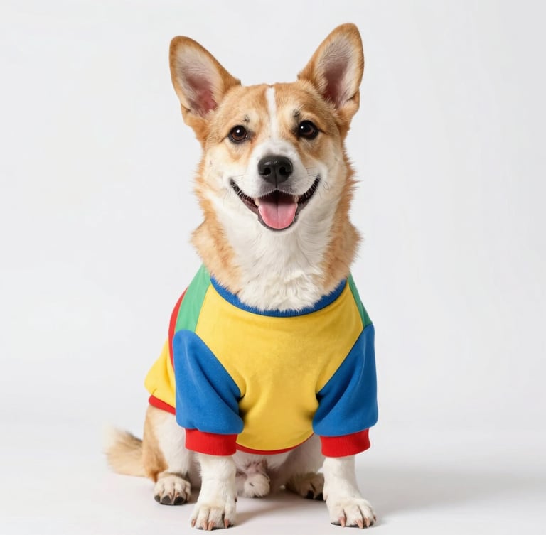 Un perro alegre vistiendo una sudadera colorida y cómoda, posando feliz a nivel de ojos en un fondo luminoso de estudio