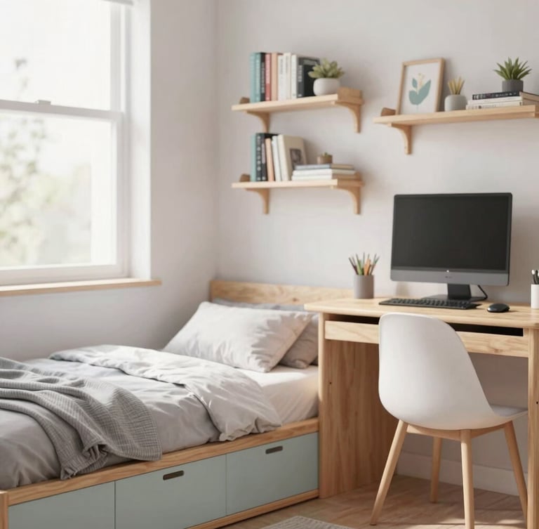 Styled teen bedroom with a storage-integrated bed, pastel wood gaming desk, and narrow wall floating book racks, soft morning window light, shallow depth of field, organized and airy feel.