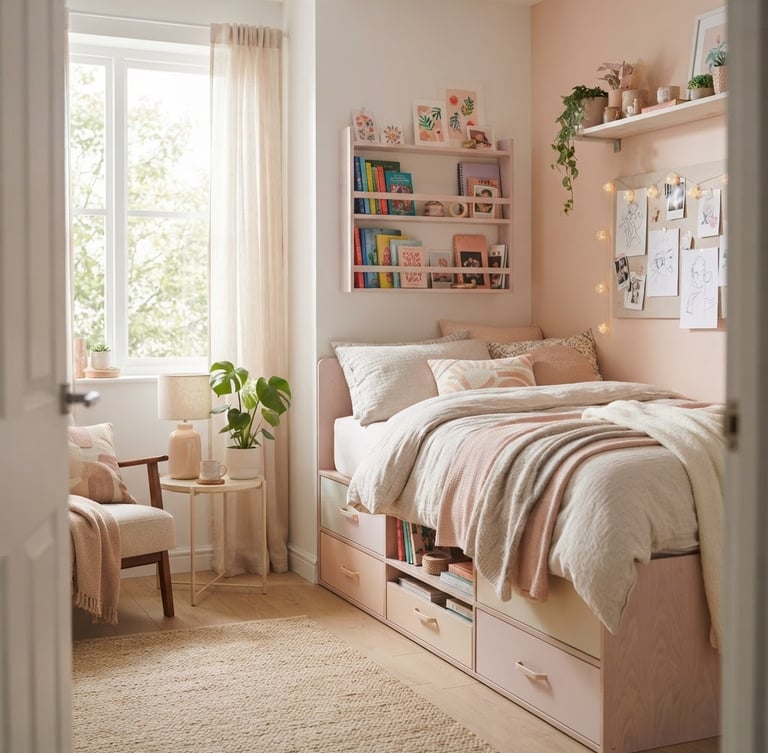 Wide shot of a stylish teen bedroom, featuring a pastel wood storage bed with integrated drawers on the right, and a narrow floating book rack on the wall, soft morning window light, shallow depth of field.